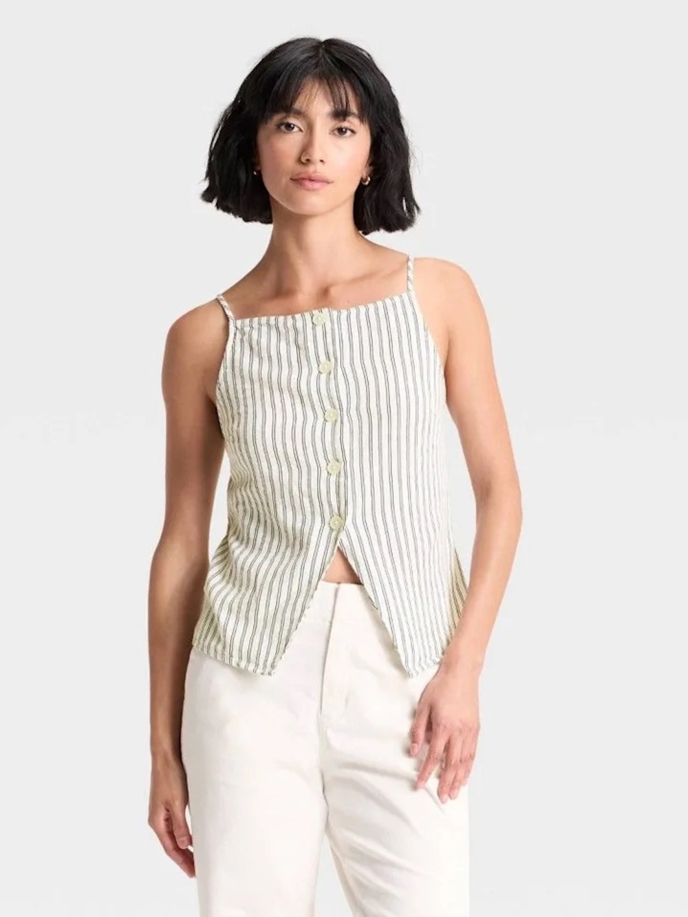 a new day Cream & Gray Striped Button-Front Spaghetti Strap Tank